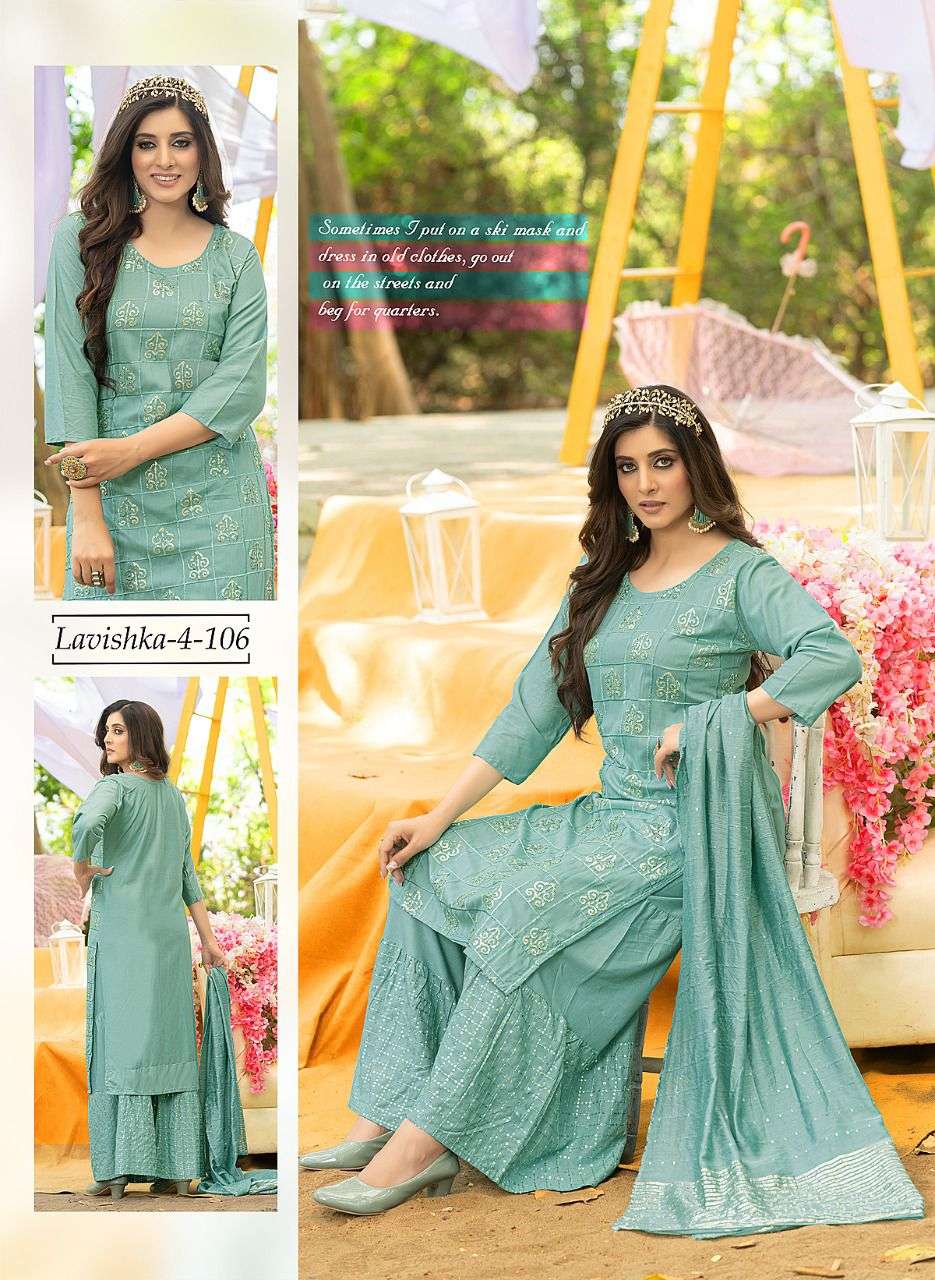 LAVISHKA VOL-4 BY MAIRA 101 TO 106 SERIES BEAUTIFUL SHARARA SUITS COLORFUL STYLISH FANCY CASUAL WEAR & ETHNIC WEAR HEAVY RAYON DRESSES AT WHOLESALE PRICE