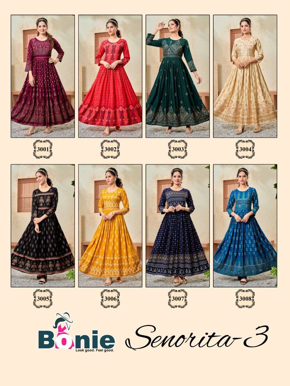 SENORITA VOL-3 BY BONIE 3001 TO 3008 SERIES BEAUTIFUL STYLISH FANCY COLORFUL CASUAL WEAR & ETHNIC WEAR HEAVY RAYON GOWNS AT WHOLESALE PRICE