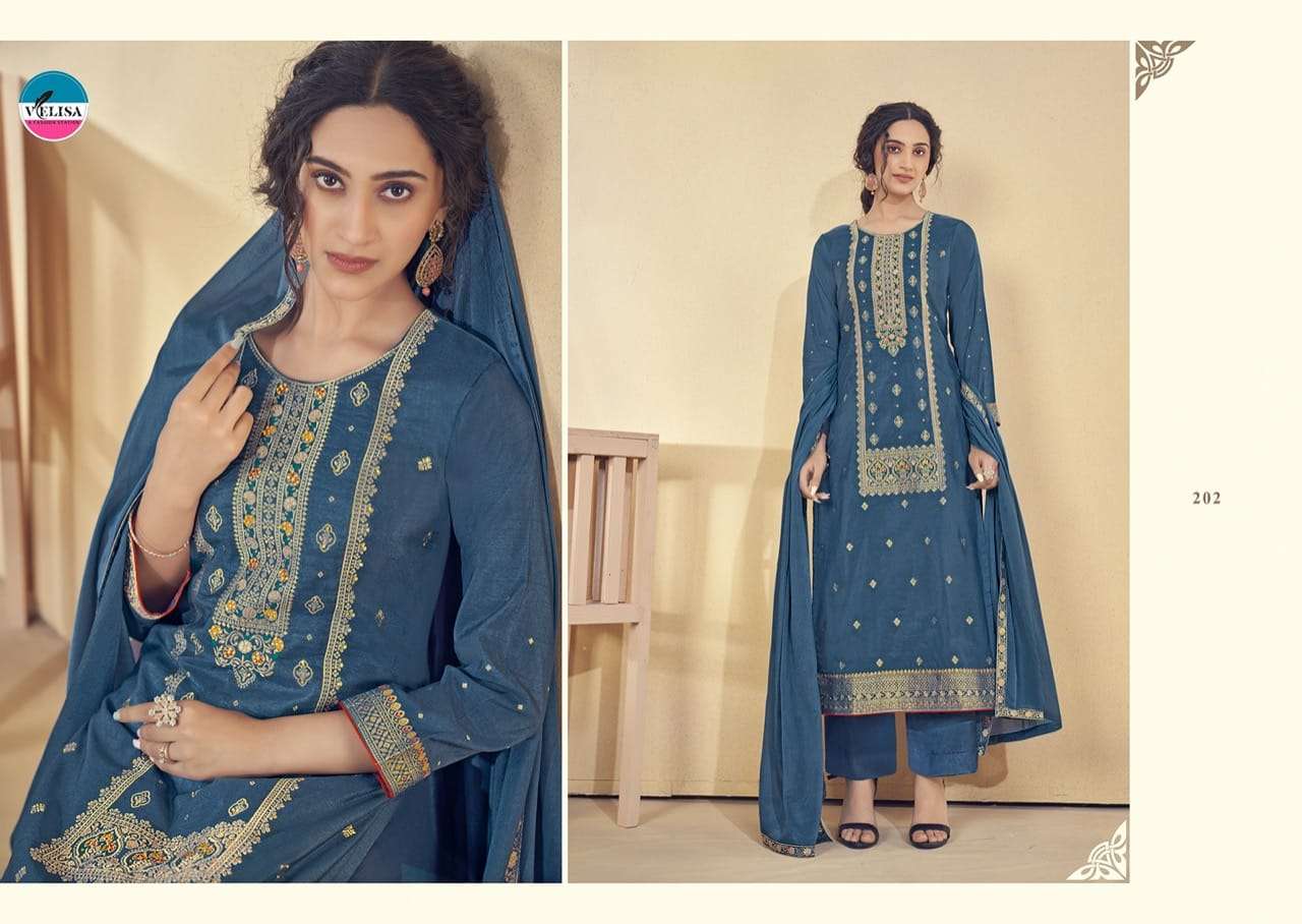 VRINDA BY VELISA 201 TO 204 SERIES BEAUTIFUL SUITS COLORFUL STYLISH FANCY CASUAL WEAR & ETHNIC WEAR PURE JACQUARD SILK DRESSES AT WHOLESALE PRICE