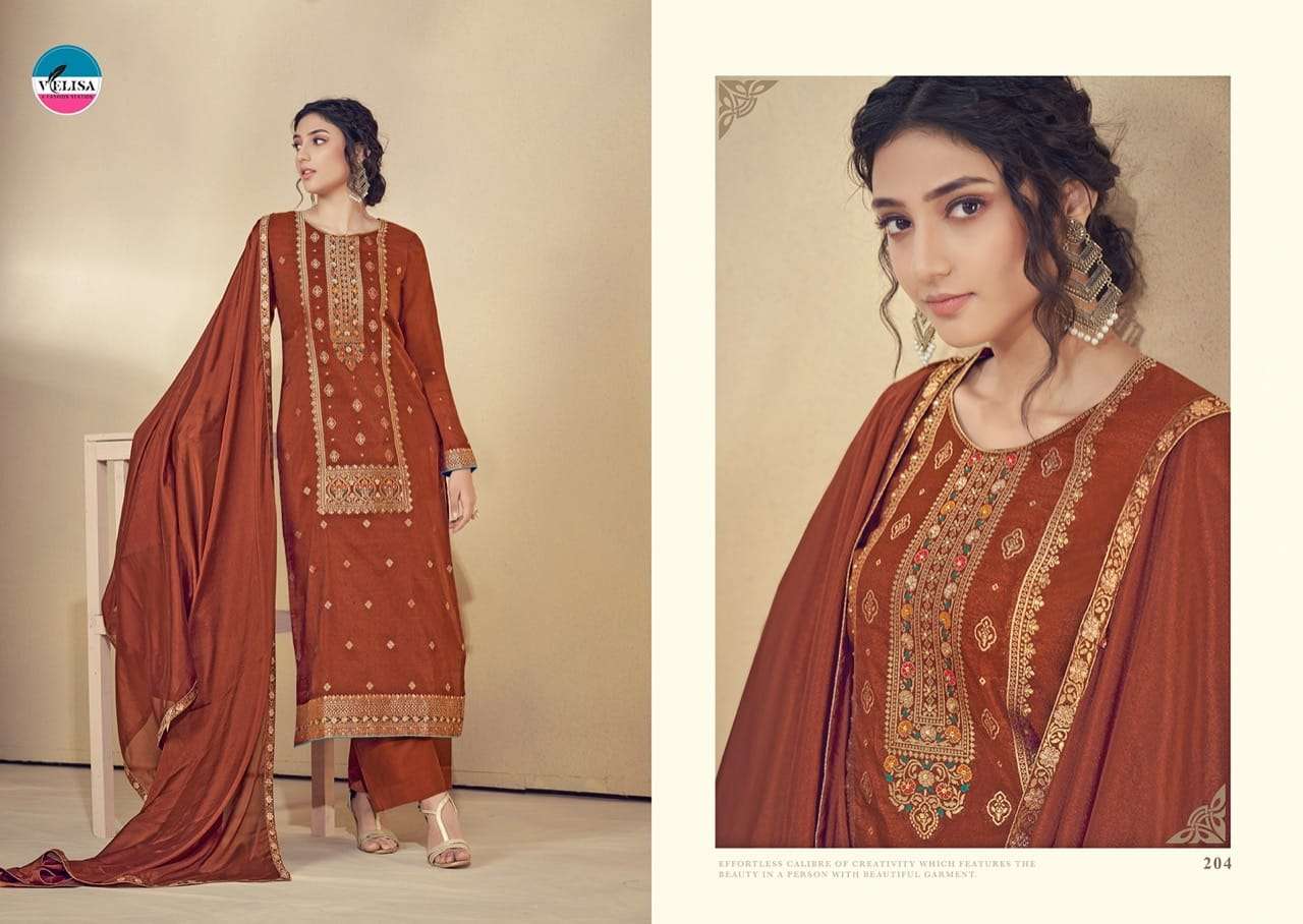 VRINDA BY VELISA 201 TO 204 SERIES BEAUTIFUL SUITS COLORFUL STYLISH FANCY CASUAL WEAR & ETHNIC WEAR PURE JACQUARD SILK DRESSES AT WHOLESALE PRICE