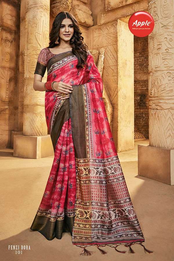 FENZI DORA BY APPLE 101 TO 108 SERIES INDIAN TRADITIONAL WEAR COLLECTION BEAUTIFUL STYLISH FANCY COLORFUL PARTY WEAR & OCCASIONAL WEAR SILK DIGITAL PRINT SAREES AT WHOLESALE PRICE