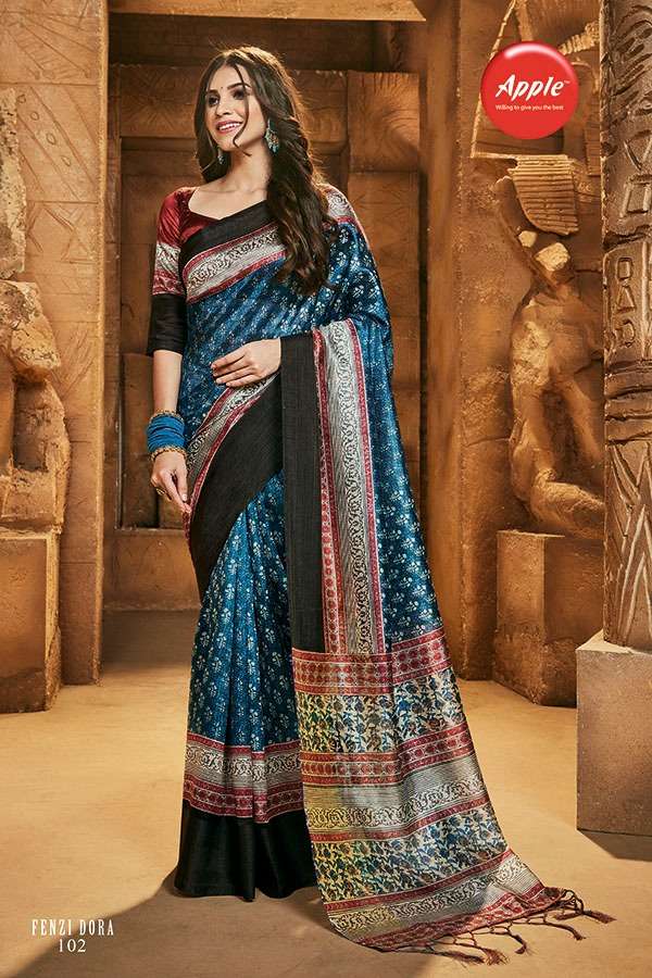 FENZI DORA BY APPLE 101 TO 108 SERIES INDIAN TRADITIONAL WEAR COLLECTION BEAUTIFUL STYLISH FANCY COLORFUL PARTY WEAR & OCCASIONAL WEAR SILK DIGITAL PRINT SAREES AT WHOLESALE PRICE