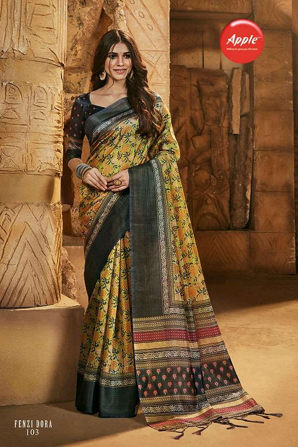 FENZI DORA BY APPLE 101 TO 108 SERIES INDIAN TRADITIONAL WEAR COLLECTION BEAUTIFUL STYLISH FANCY COLORFUL PARTY WEAR & OCCASIONAL WEAR SILK DIGITAL PRINT SAREES AT WHOLESALE PRICE