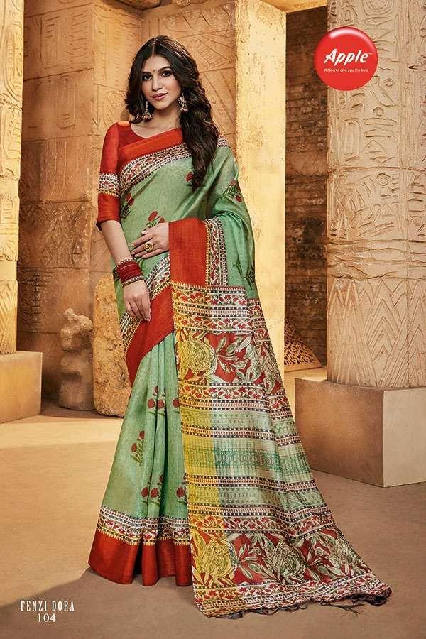 FENZI DORA BY APPLE 101 TO 108 SERIES INDIAN TRADITIONAL WEAR COLLECTION BEAUTIFUL STYLISH FANCY COLORFUL PARTY WEAR & OCCASIONAL WEAR SILK DIGITAL PRINT SAREES AT WHOLESALE PRICE