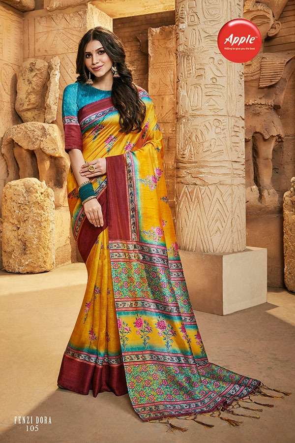 FENZI DORA BY APPLE 101 TO 108 SERIES INDIAN TRADITIONAL WEAR COLLECTION BEAUTIFUL STYLISH FANCY COLORFUL PARTY WEAR & OCCASIONAL WEAR SILK DIGITAL PRINT SAREES AT WHOLESALE PRICE