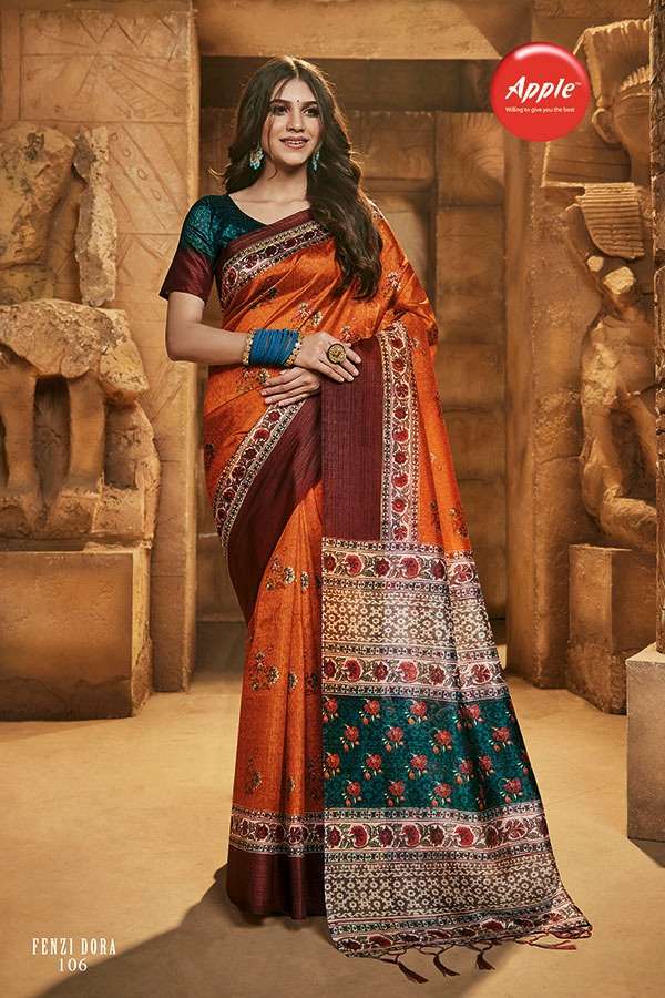 FENZI DORA BY APPLE 101 TO 108 SERIES INDIAN TRADITIONAL WEAR COLLECTION BEAUTIFUL STYLISH FANCY COLORFUL PARTY WEAR & OCCASIONAL WEAR SILK DIGITAL PRINT SAREES AT WHOLESALE PRICE