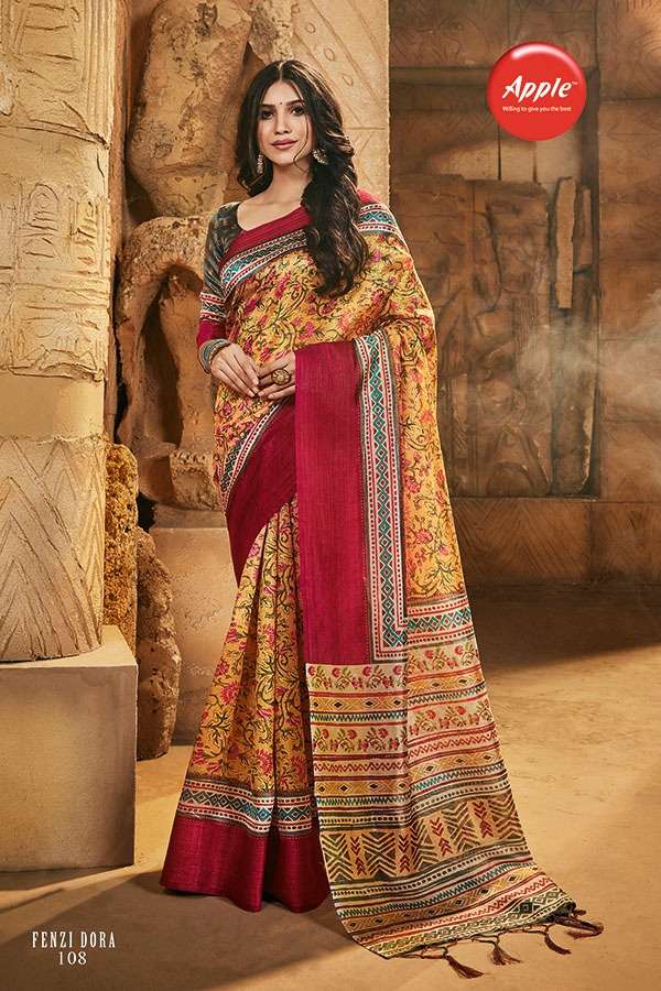 FENZI DORA BY APPLE 101 TO 108 SERIES INDIAN TRADITIONAL WEAR COLLECTION BEAUTIFUL STYLISH FANCY COLORFUL PARTY WEAR & OCCASIONAL WEAR SILK DIGITAL PRINT SAREES AT WHOLESALE PRICE