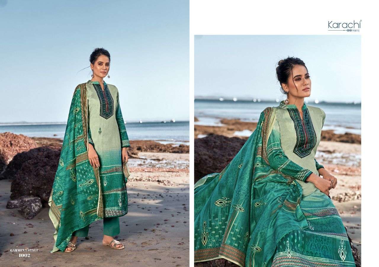 KRIZIA BY KARACHI PRINTS 1001 TO 1008 SERIES BEAUTIFUL SUITS STYLISH FANCY COLORFUL CASUAL WEAR & ETHNIC WEAR PURE JAM SATIN PRINT DRESSES AT WHOLESALE PRICE