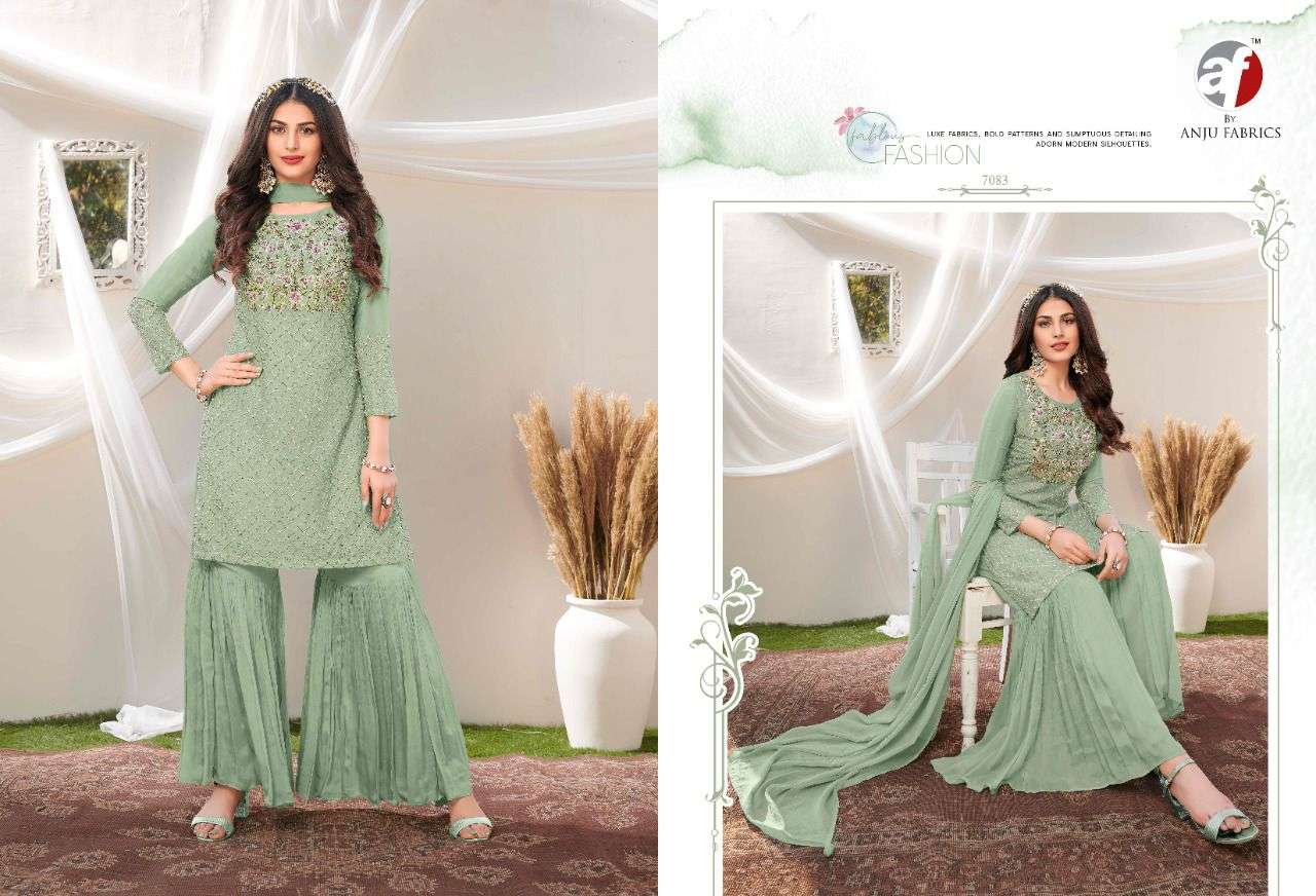 SAHIBA VOL-4 BY AF 7081 TO 7084 SERIES BEAUTIFUL SHARARA SUITS COLORFUL STYLISH FANCY CASUAL WEAR & ETHNIC WEAR PURE CHINNON DRESSES AT WHOLESALE PRICE
