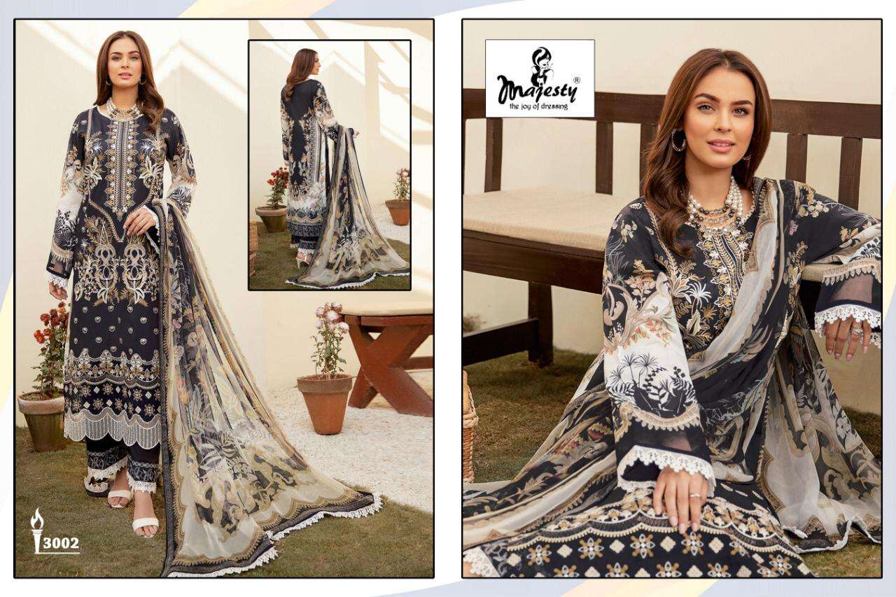 RAMSHA LUXURY LAWN COLLECTION BY MAJESTY 3001 TO 3006 SERIES PAKISTANI SUITS BEAUTIFUL FANCY COLORFUL STYLISH PARTY WEAR & OCCASIONAL WEAR PURE COTTON DIGITAL PRINT WITH EMBROIDERY DRESSES AT WHOLESALE PRICE