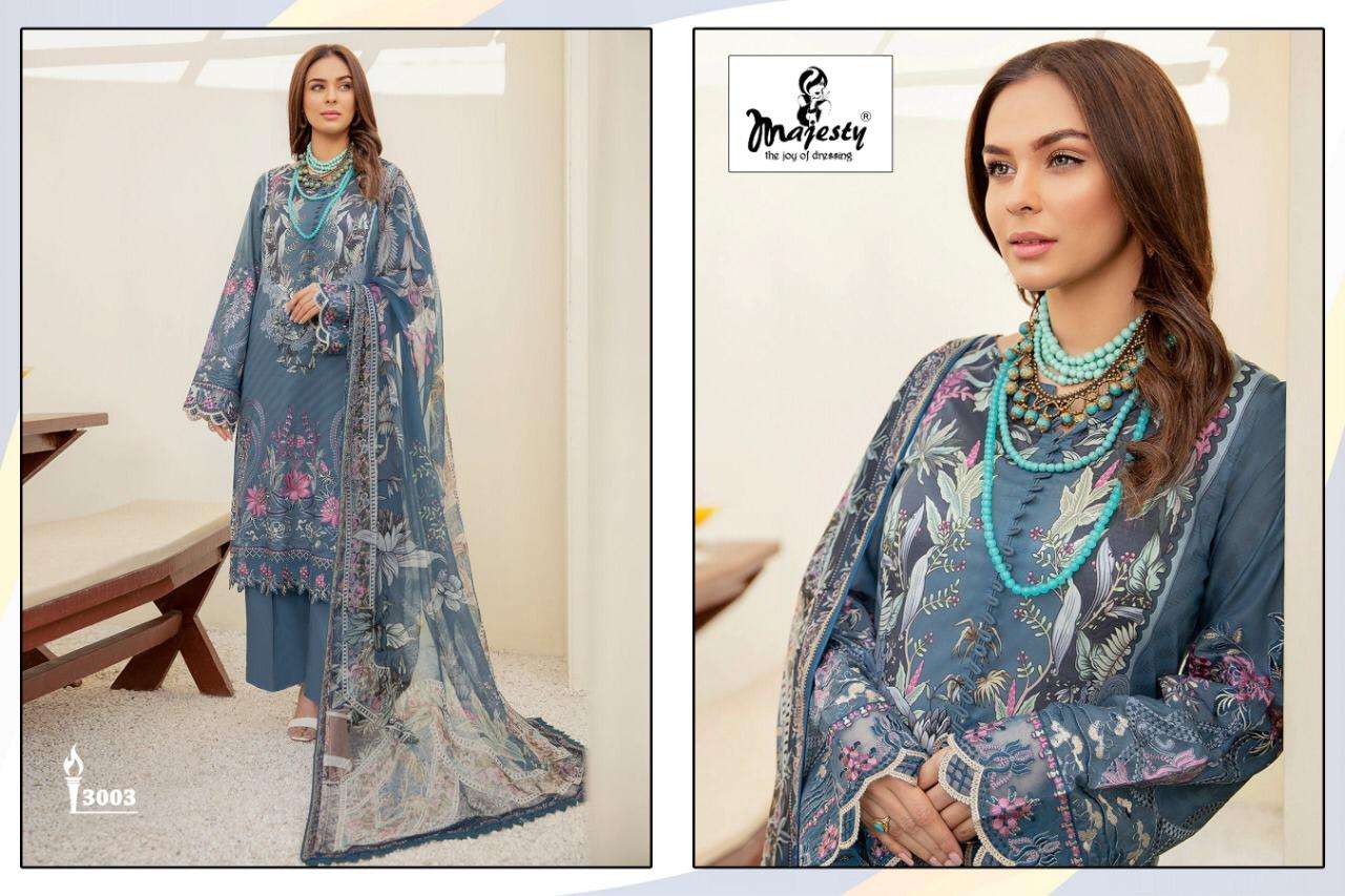 RAMSHA LUXURY LAWN COLLECTION BY MAJESTY 3001 TO 3006 SERIES PAKISTANI SUITS BEAUTIFUL FANCY COLORFUL STYLISH PARTY WEAR & OCCASIONAL WEAR PURE COTTON DIGITAL PRINT WITH EMBROIDERY DRESSES AT WHOLESALE PRICE