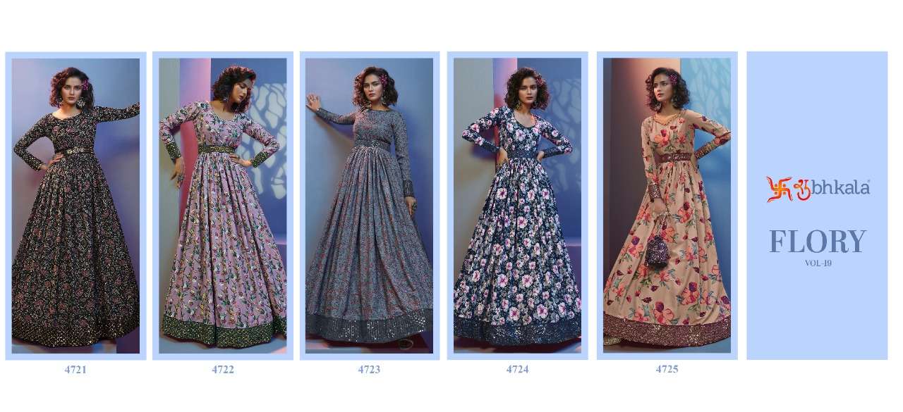 Flory Vol-19 By Shubhkala 4721 To 4725 Series Designer Wear Collection Beautiful Stylish Fancy Colorful Party Wear & Occasional Wear Natural Crepe Gowns At Wholesale Price