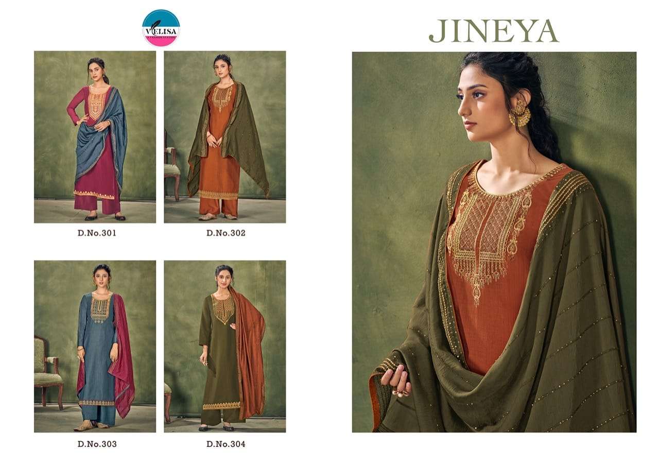 JINEYA BY VELISA 301 TO 304 SERIES BEAUTIFUL SUITS COLORFUL STYLISH FANCY CASUAL WEAR & ETHNIC WEAR PARAMPARA SILK DRESSES AT WHOLESALE PRICE