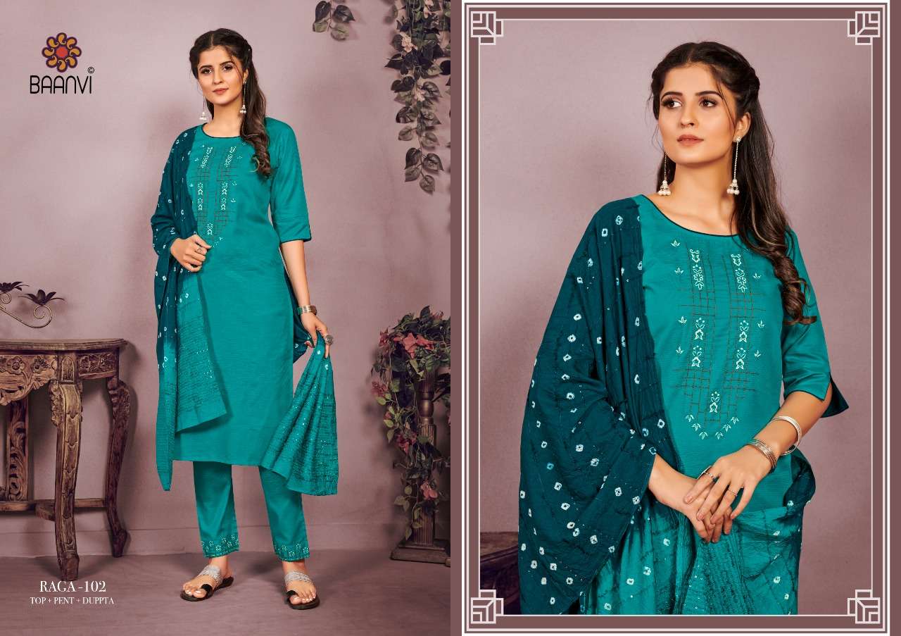 RAGA BY BAANVI 101 TO 106 SERIES BEAUTIFUL SUITS COLORFUL STYLISH FANCY CASUAL WEAR & ETHNIC WEAR HEAVY COTTON EMBROIDERED DRESSES AT WHOLESALE PRICE
