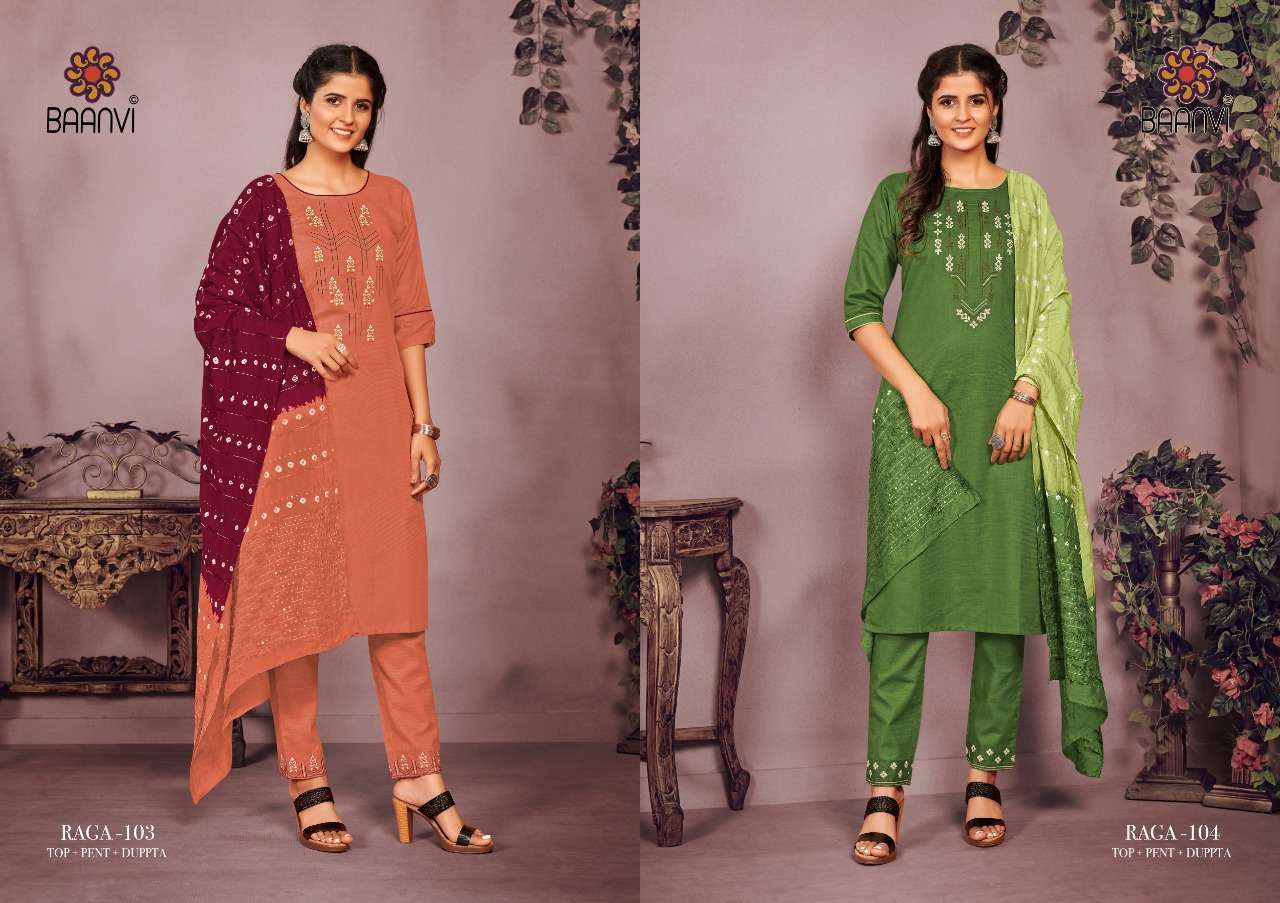 RAGA BY BAANVI 101 TO 106 SERIES BEAUTIFUL SUITS COLORFUL STYLISH FANCY CASUAL WEAR & ETHNIC WEAR HEAVY COTTON EMBROIDERED DRESSES AT WHOLESALE PRICE