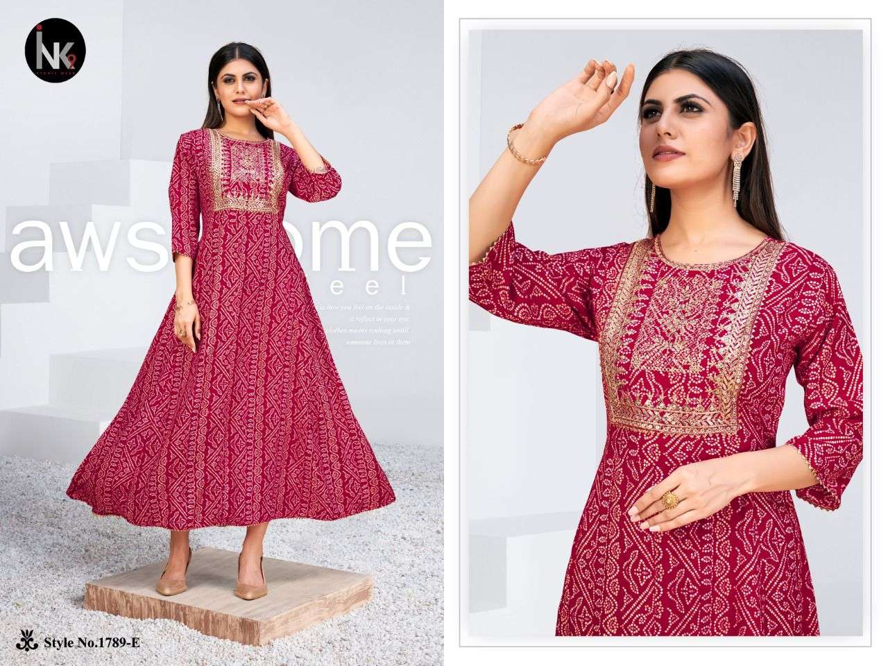 KALI VOL-1 BY INK9 1789-A TO 1879-H SERIES BEAUTIFUL STYLISH FANCY COLORFUL CASUAL WEAR & ETHNIC WEAR RAYON WITH WORK GOWNS AT WHOLESALE PRICE