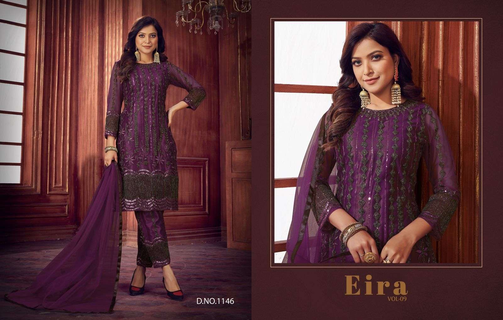 Eira Vol-9 By Senhora Dresses 1144 To 1147 Series Beautiful Suits Colorful Stylish Fancy Casual Wear & Ethnic Wear Heavy Net Embroidered Dresses At Wholesale Price