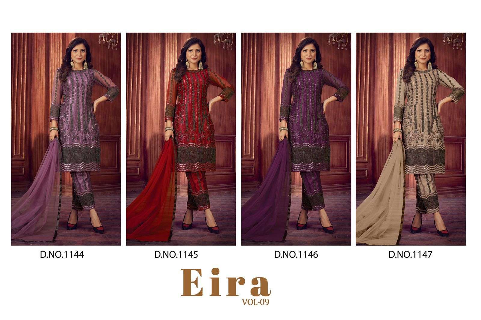Eira Vol-9 By Senhora Dresses 1144 To 1147 Series Beautiful Suits Colorful Stylish Fancy Casual Wear & Ethnic Wear Heavy Net Embroidered Dresses At Wholesale Price