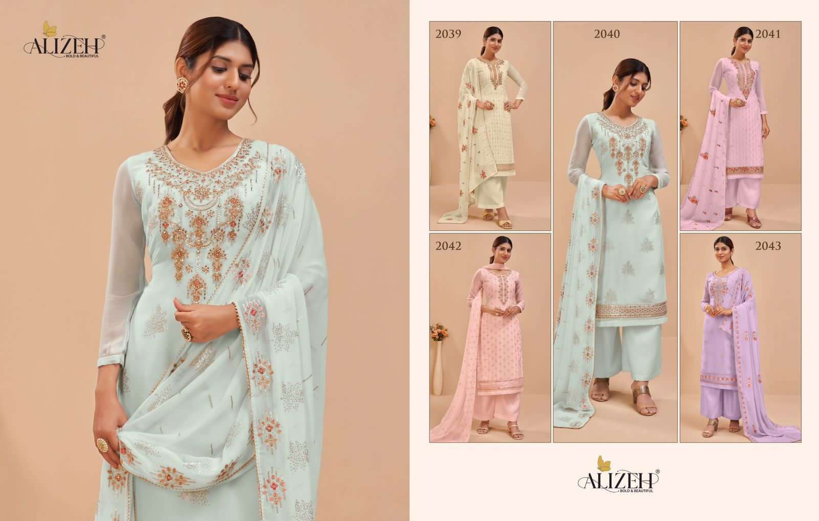 MURAD VOL-6 BY ALIZEH 2039 TO 2043 SERIES BEAUTIFUL SUITS COLORFUL STYLISH FANCY CASUAL WEAR & ETHNIC WEAR PURE GEORGETTE EMBROIDERED DRESSES AT WHOLESALE PRICE