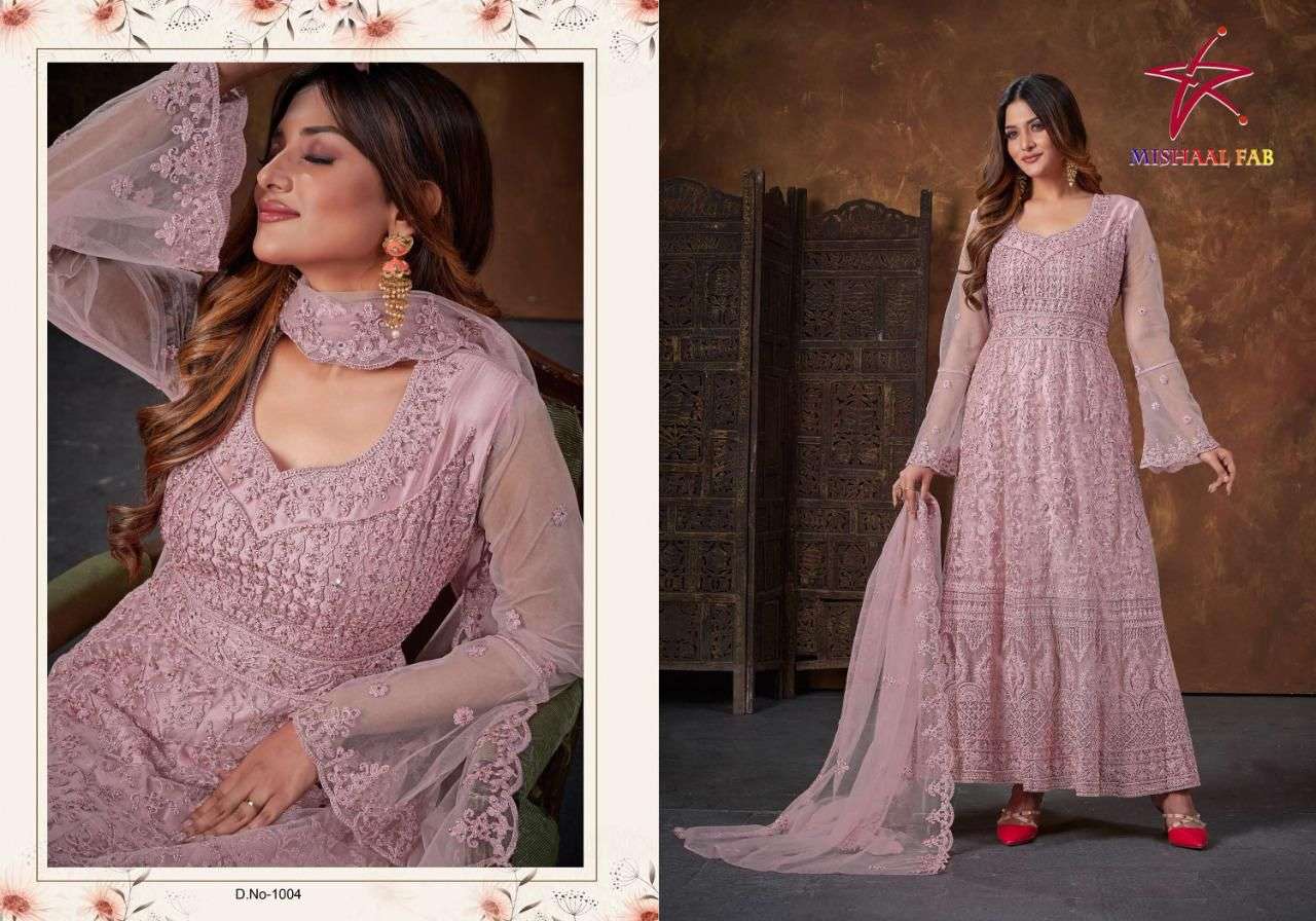 Mishaal 1001 Series By Mishaal Fab 1001 To 1004 Series Beautiful Suits Stylish Colorful Fancy Casual Wear & Ethnic Wear Net Embroidered Dresses At Wholesale Price