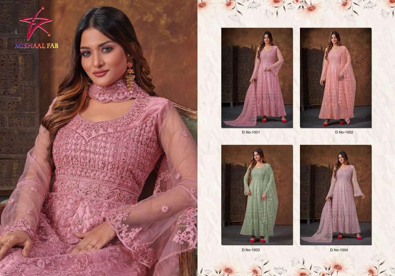 Mishaal 1001 Series By Mishaal Fab 1001 To 1004 Series Beautiful Suits Stylish Colorful Fancy Casual Wear & Ethnic Wear Net Embroidered Dresses At Wholesale Price