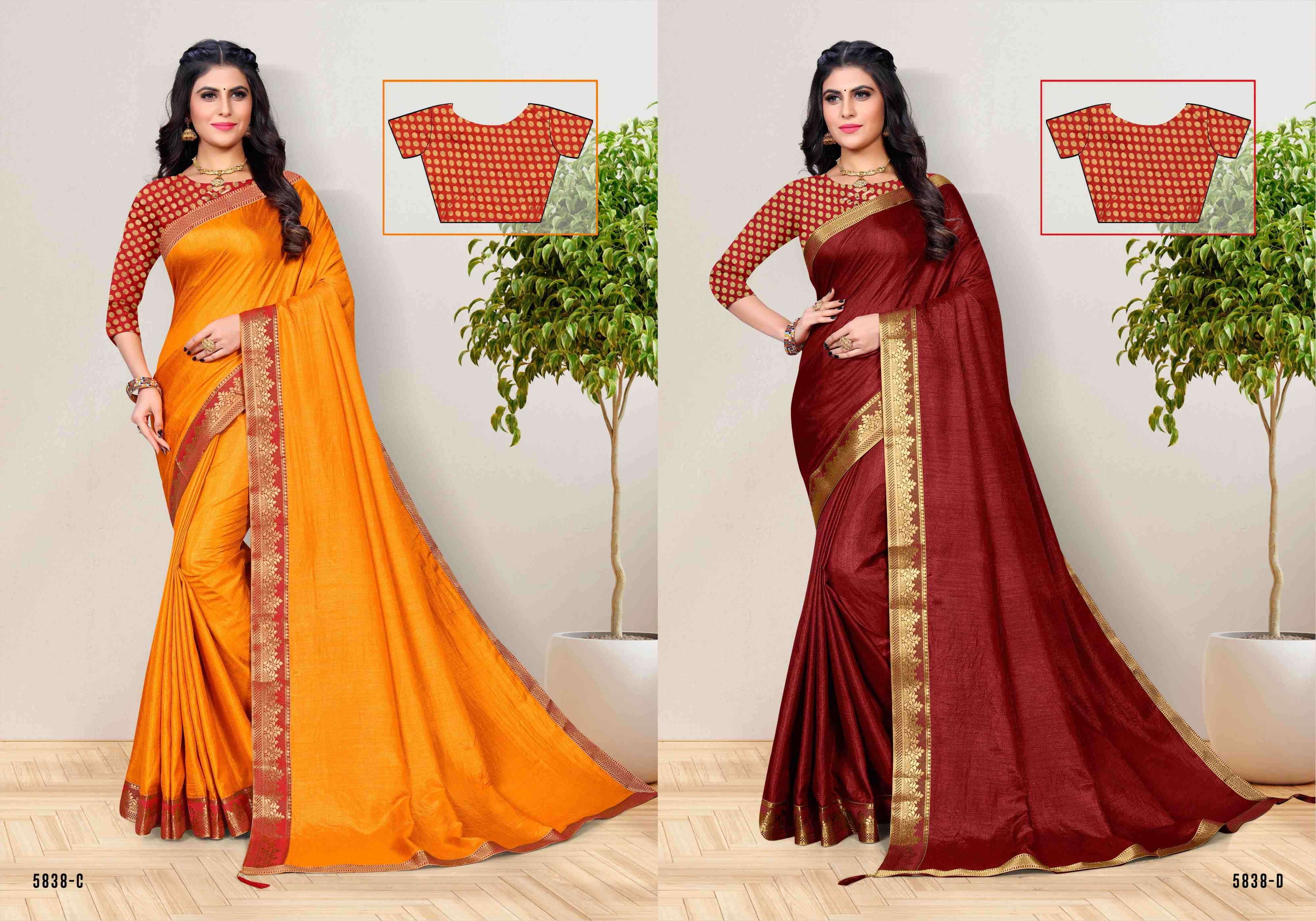MOHAN BHOG BY INDIAN WOMEN 5838-A TO 5838-H SERIES INDIAN TRADITIONAL WEAR COLLECTION BEAUTIFUL STYLISH FANCY COLORFUL PARTY WEAR & OCCASIONAL WEAR VICHITRA SILK SAREES AT WHOLESALE PRICE