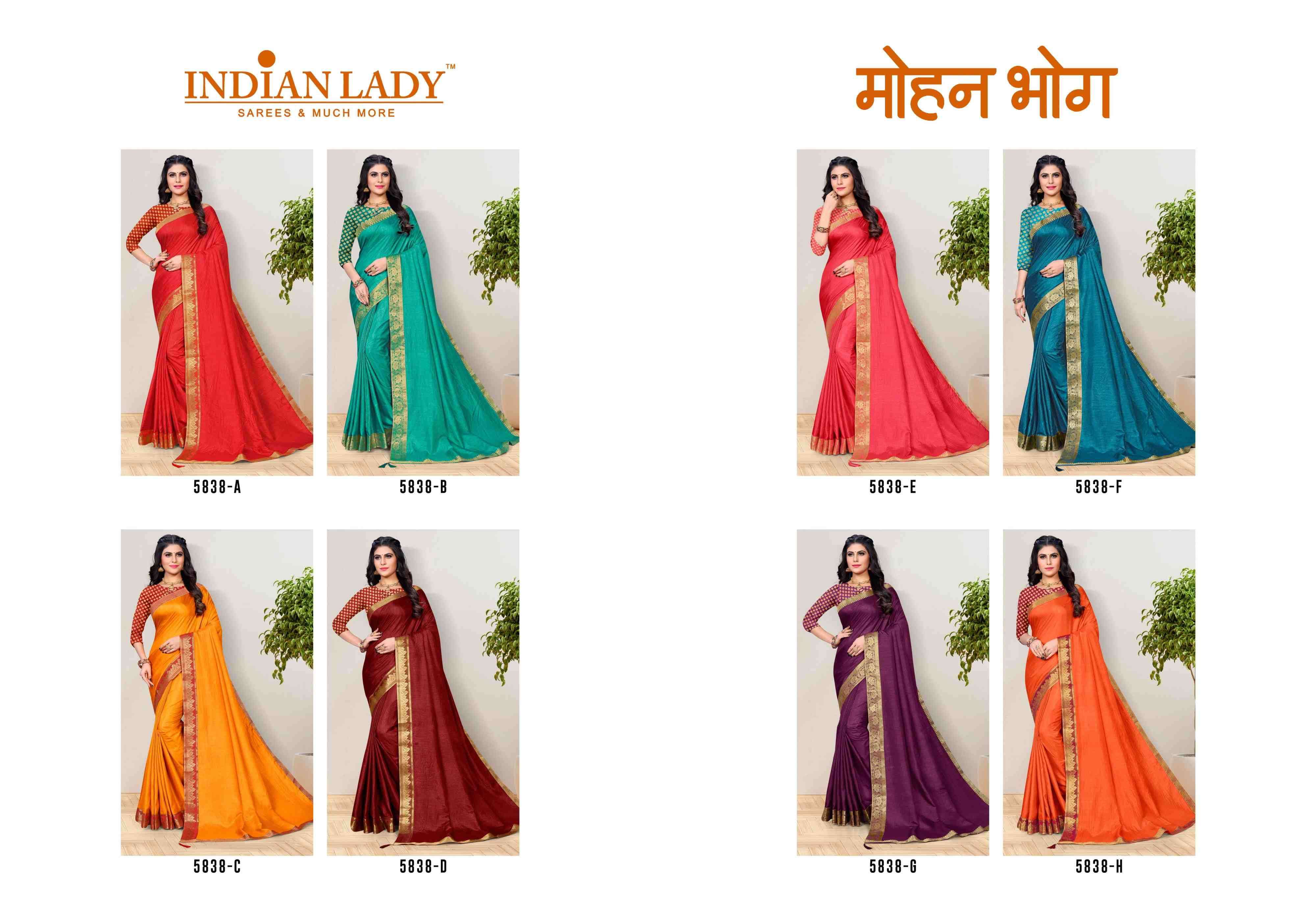 MOHAN BHOG BY INDIAN WOMEN 5838-A TO 5838-H SERIES INDIAN TRADITIONAL WEAR COLLECTION BEAUTIFUL STYLISH FANCY COLORFUL PARTY WEAR & OCCASIONAL WEAR VICHITRA SILK SAREES AT WHOLESALE PRICE