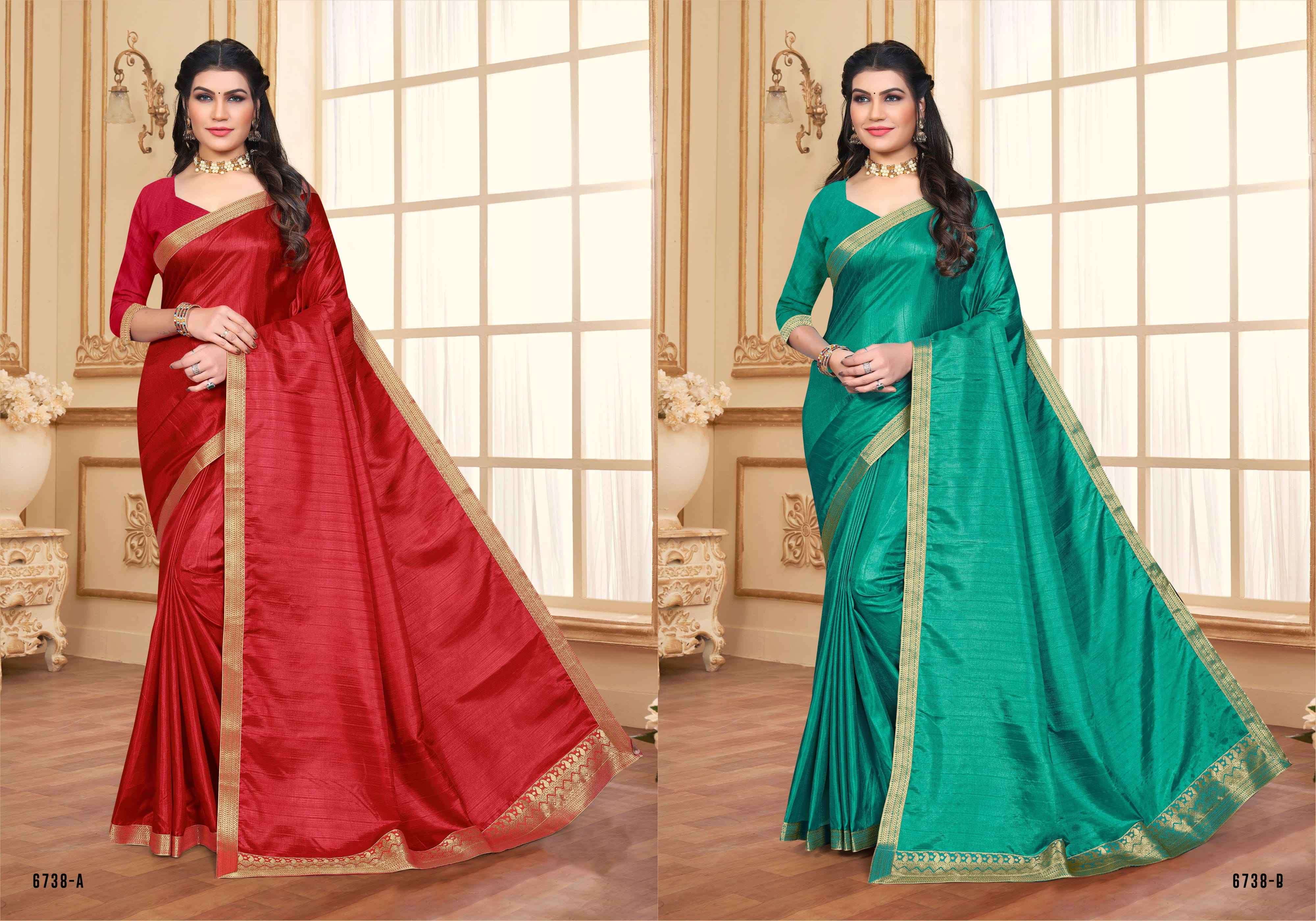 MOONGDAL SHEERA BY INDIAN WOMEN 6738-A TO 6738-H SERIES INDIAN TRADITIONAL WEAR COLLECTION BEAUTIFUL STYLISH FANCY COLORFUL PARTY WEAR & OCCASIONAL WEAR VICHITRA SILK SAREES AT WHOLESALE PRICE