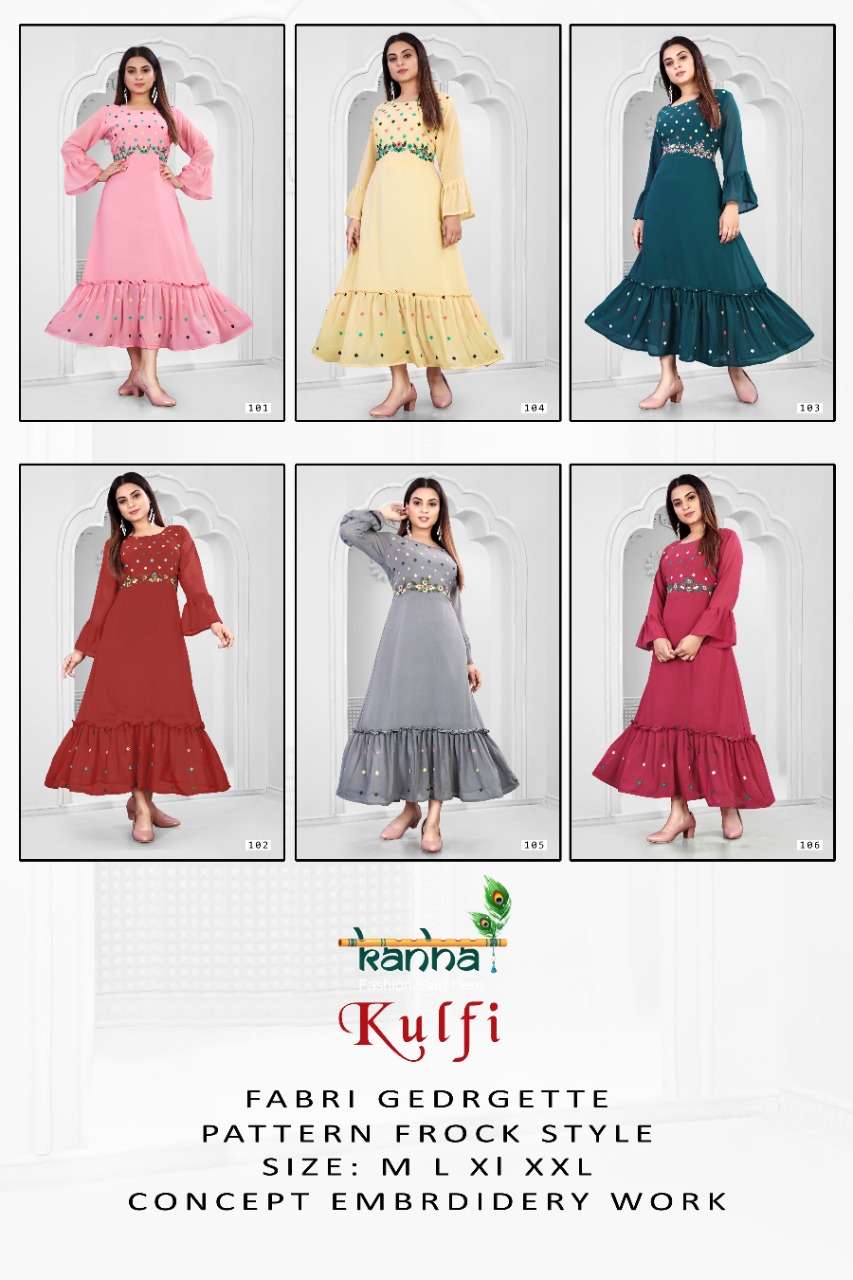 KULFI BY KANHA 101 TO 106 SERIES BEAUTIFUL STYLISH FANCY COLORFUL CASUAL WEAR & ETHNIC WEAR GEORGETTE EMBROIDERED GOWNS AT WHOLESALE PRICE
