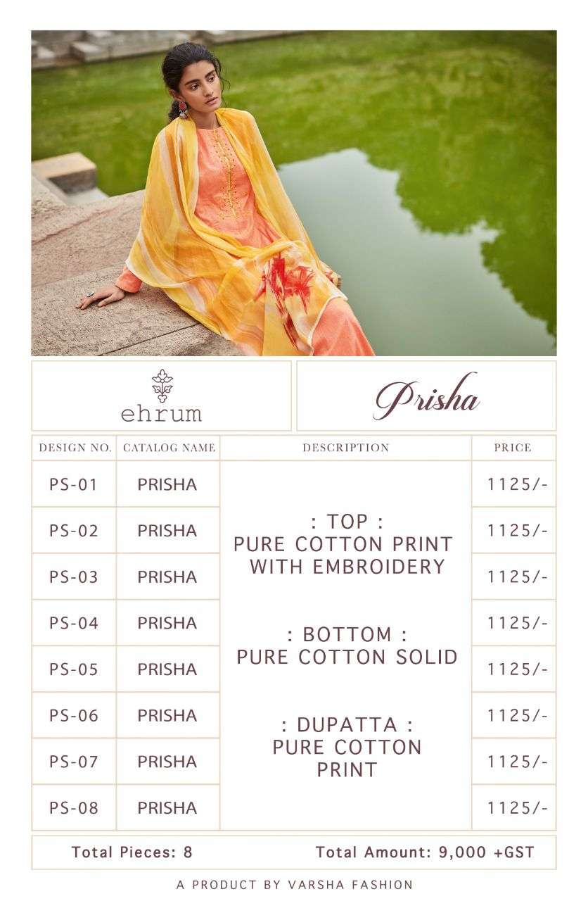 PRISHA BY EHRUM 01 TO 08 SERIES BEAUTIFUL SUITS COLORFUL STYLISH FANCY CASUAL WEAR & ETHNIC WEAR PURE COTTON PRINT WITH EMBROIDERED DRESSES AT WHOLESALE PRICE