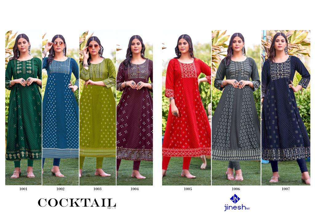 COCKTAIL VOL-1 BY JINESH NX 1001 TO 1007 SERIES BEAUTIFUL STYLISH FANCY COLORFUL CASUAL WEAR & ETHNIC WEAR RAYON FOIL PRINT GOWNS AT WHOLESALE PRICE