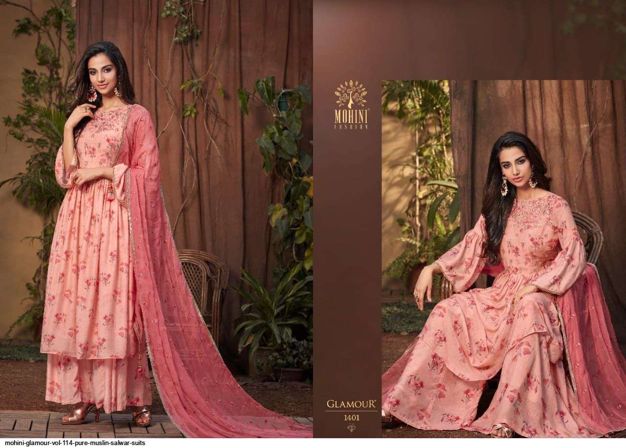 GLAMOUR VOL-114 BY MOHINI FASHION 1401 TO 1406 SERIES DESIGNER FESTIVE SHARARA SUITS COLLECTION BEAUTIFUL STYLISH FANCY COLORFUL PARTY WEAR & OCCASIONAL WEAR PURE MUSLIN DRESSES AT WHOLESALE PRICE