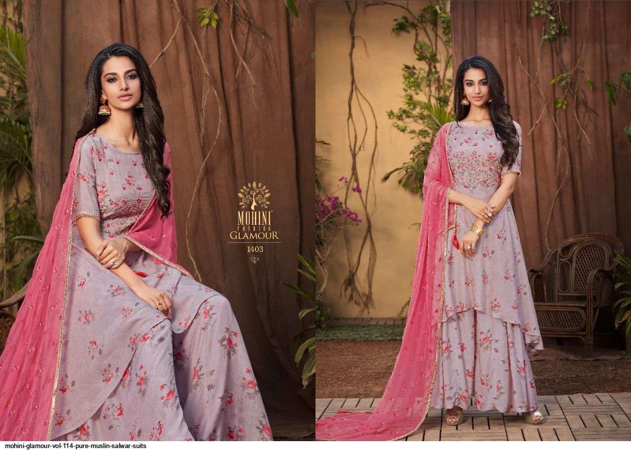 GLAMOUR VOL-114 BY MOHINI FASHION 1401 TO 1406 SERIES DESIGNER FESTIVE SHARARA SUITS COLLECTION BEAUTIFUL STYLISH FANCY COLORFUL PARTY WEAR & OCCASIONAL WEAR PURE MUSLIN DRESSES AT WHOLESALE PRICE