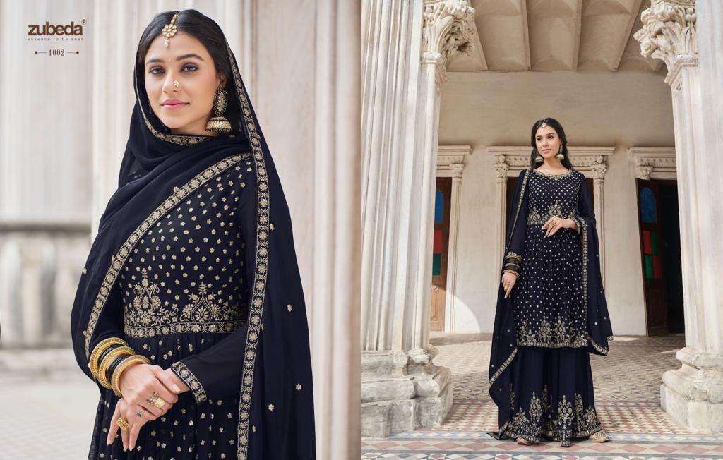 SRIYA BY ZUBEDA 1001 TO 1003 SERIES BEAUTIFUL SHARARA SUITS COLORFUL STYLISH FANCY CASUAL WEAR & ETHNIC WEAR GEORGETTE EMBROIDERED DRESSES AT WHOLESALE PRICE