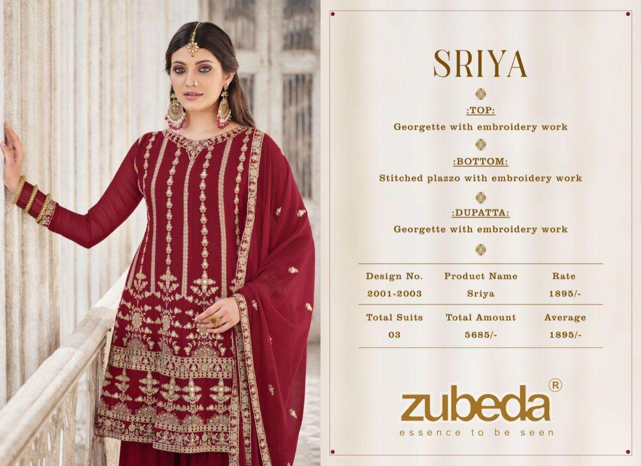 SRIYA BY ZUBEDA 1001 TO 1003 SERIES BEAUTIFUL SHARARA SUITS COLORFUL STYLISH FANCY CASUAL WEAR & ETHNIC WEAR GEORGETTE EMBROIDERED DRESSES AT WHOLESALE PRICE