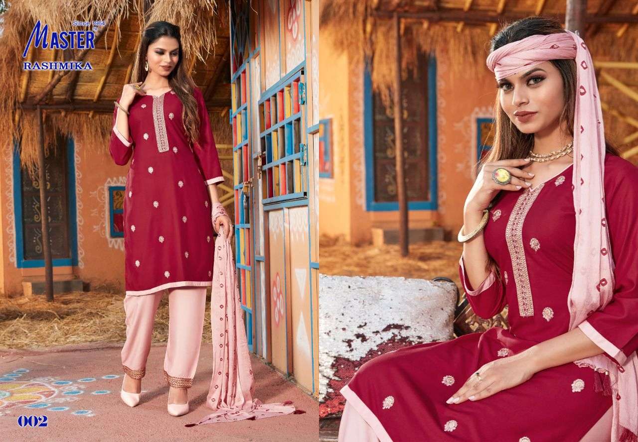 RASHMIKA BY MASTER 001 TO 008 SERIES BEAUTIFUL SUITS COLORFUL STYLISH FANCY CASUAL WEAR & ETHNIC WEAR RAYON WITH WORK DRESSES AT WHOLESALE PRICE