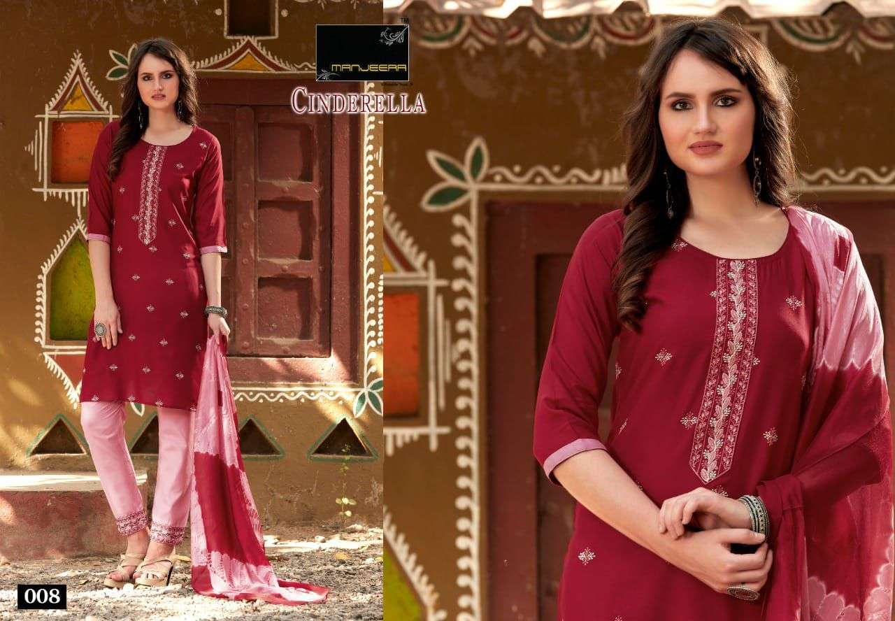 CINDERELLA BY MANJEERA 001 TO 008 SERIES BEAUTIFUL SUITS COLORFUL STYLISH FANCY CASUAL WEAR & ETHNIC WEAR RAYON WITH WORK DRESSES AT WHOLESALE PRICE