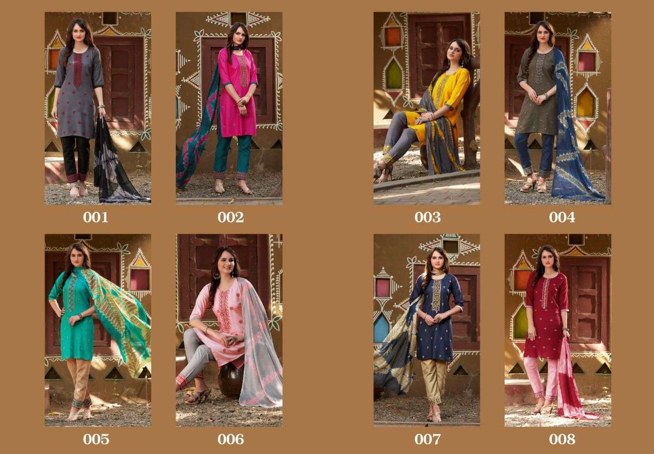 CINDERELLA BY MANJEERA 001 TO 008 SERIES BEAUTIFUL SUITS COLORFUL STYLISH FANCY CASUAL WEAR & ETHNIC WEAR RAYON WITH WORK DRESSES AT WHOLESALE PRICE