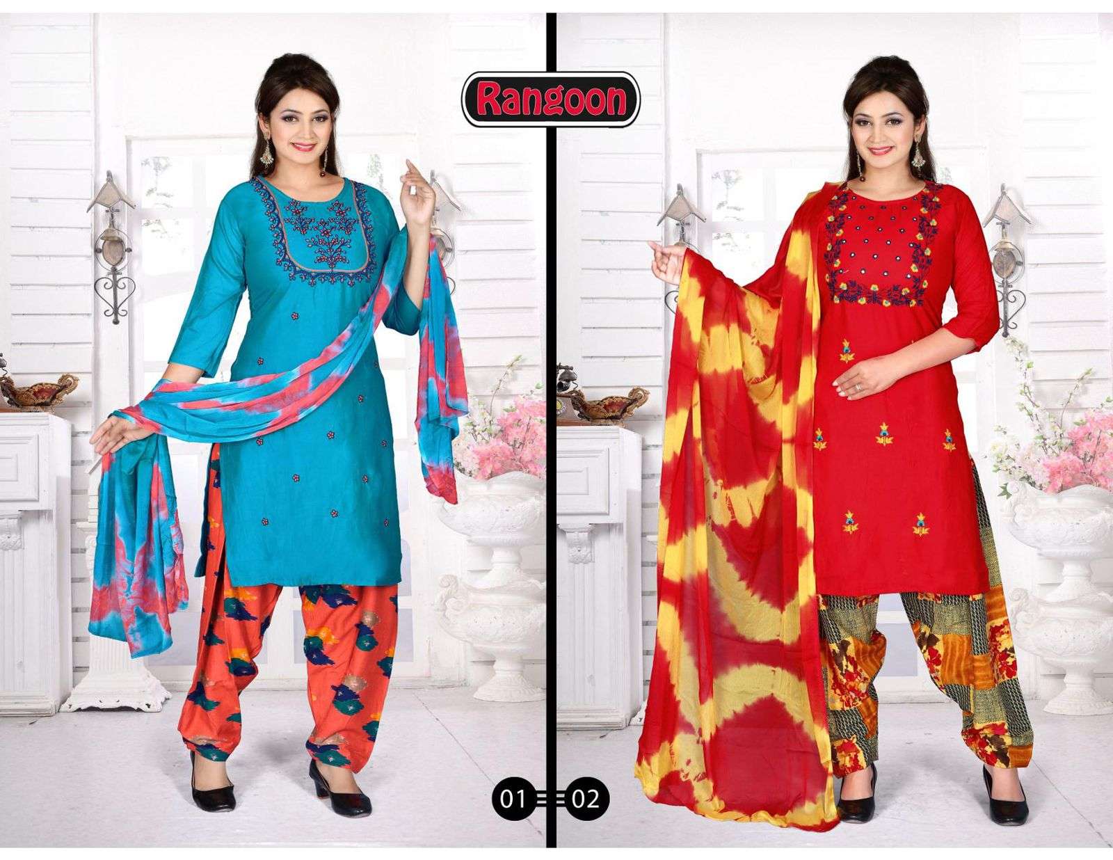 RANGOON BY TRENDY 01 TO 10 SERIES BEAUTIFUL PATIYALA SUITS COLORFUL STYLISH FANCY CASUAL WEAR & ETHNIC WEAR RAYON PRINT DRESSES AT WHOLESALE PRICE