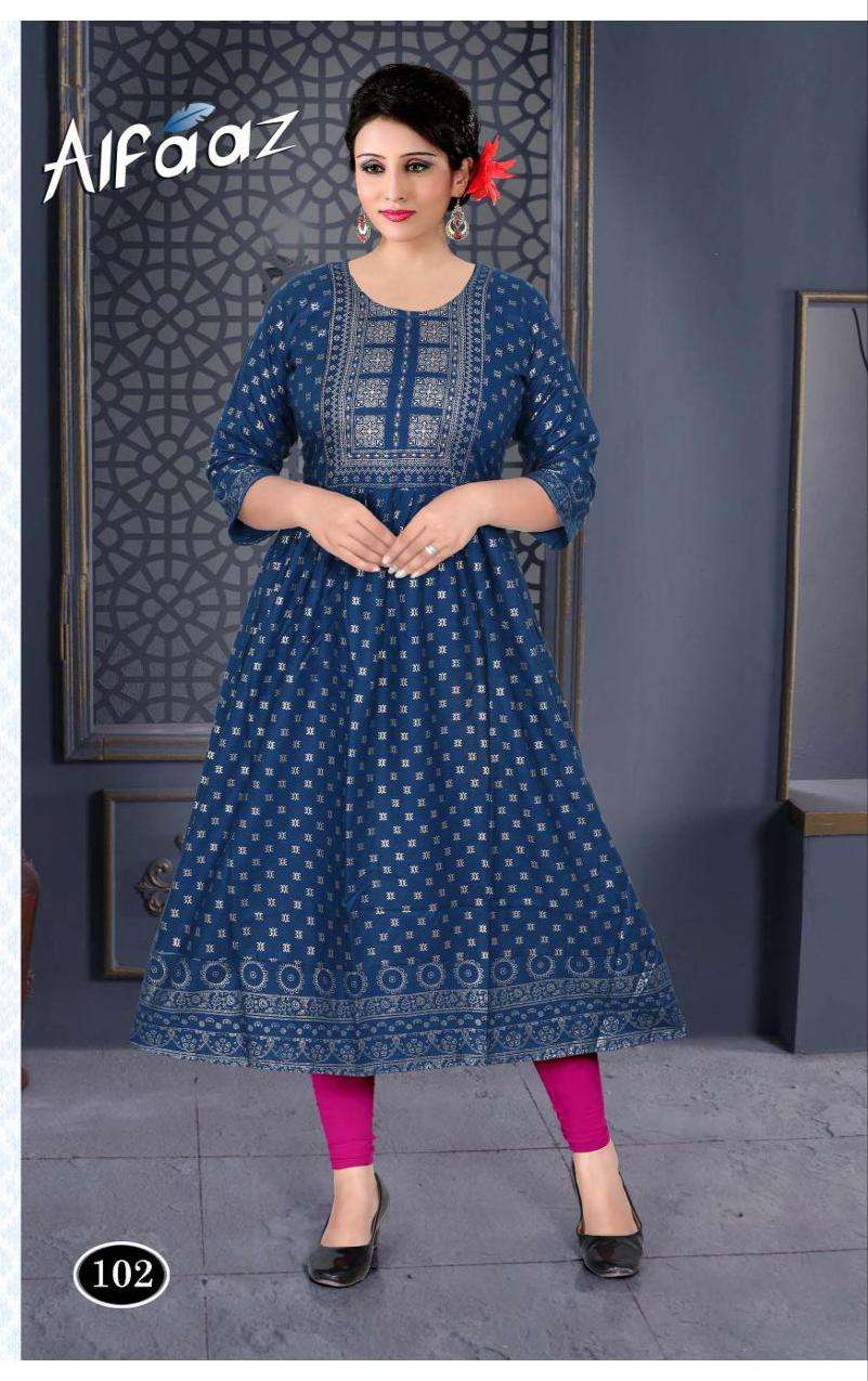 ALFAAZ BY TRENDY 101 TO 108 SERIES DESIGNER STYLISH FANCY COLORFUL BEAUTIFUL PARTY WEAR & ETHNIC WEAR COLLECTION RAYON FOIL KURTIS AT WHOLESALE PRICE