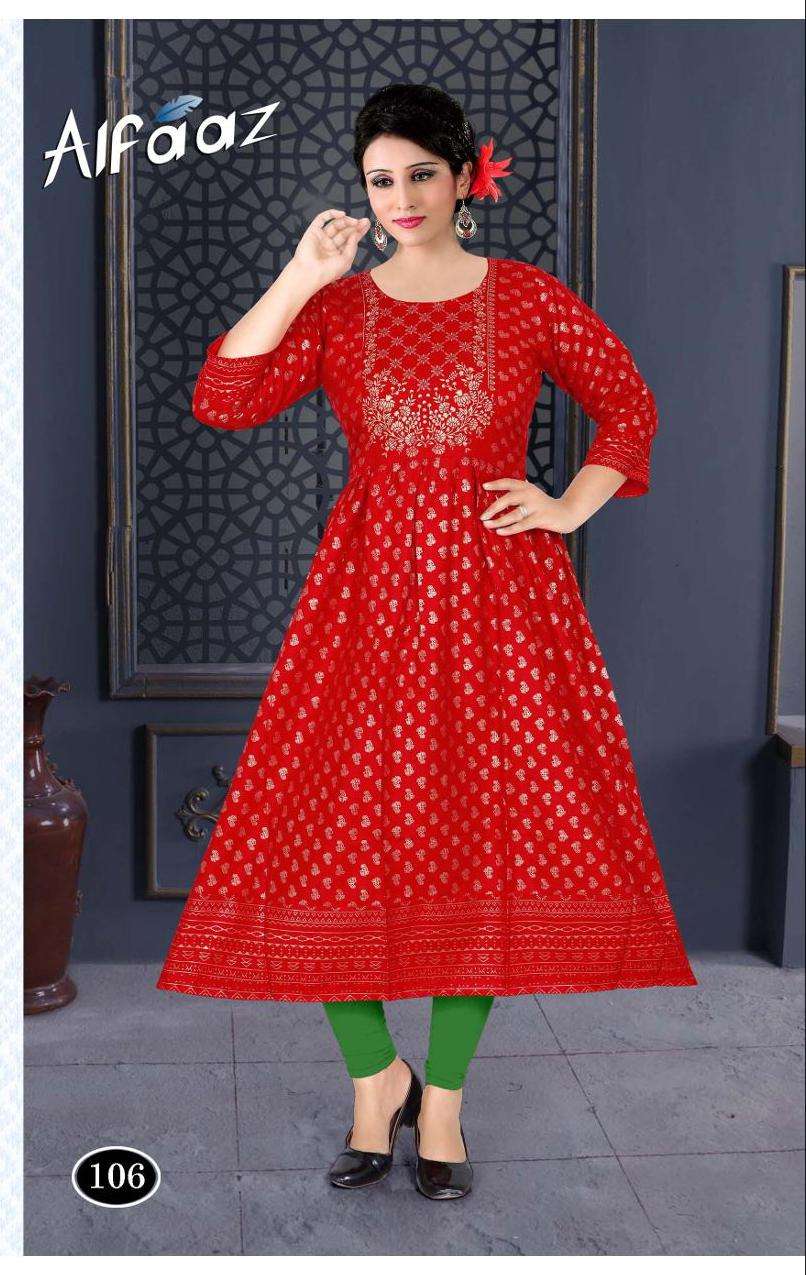 ALFAAZ BY TRENDY 101 TO 108 SERIES DESIGNER STYLISH FANCY COLORFUL BEAUTIFUL PARTY WEAR & ETHNIC WEAR COLLECTION RAYON FOIL KURTIS AT WHOLESALE PRICE