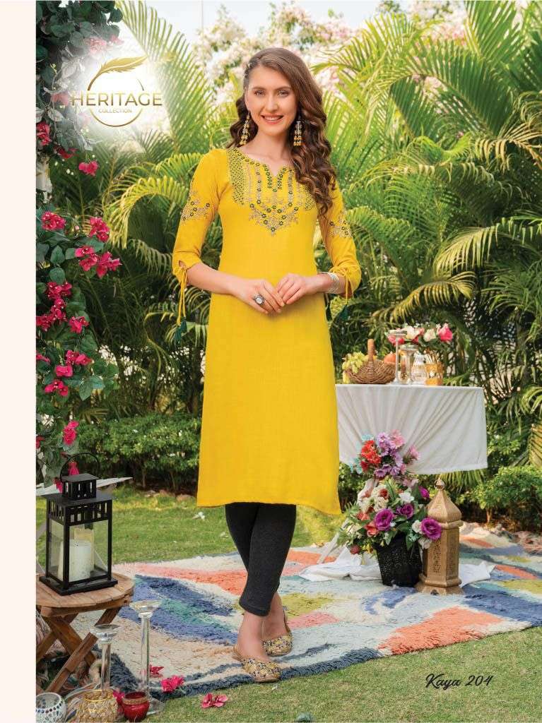 KAYA VOL-2 BY HERITAGE 201 TO 207 SERIES DESIGNER STYLISH FANCY COLORFUL BEAUTIFUL PARTY WEAR & ETHNIC WEAR COLLECTION RAYON EMBROIDERY KURTIS AT WHOLESALE PRICE