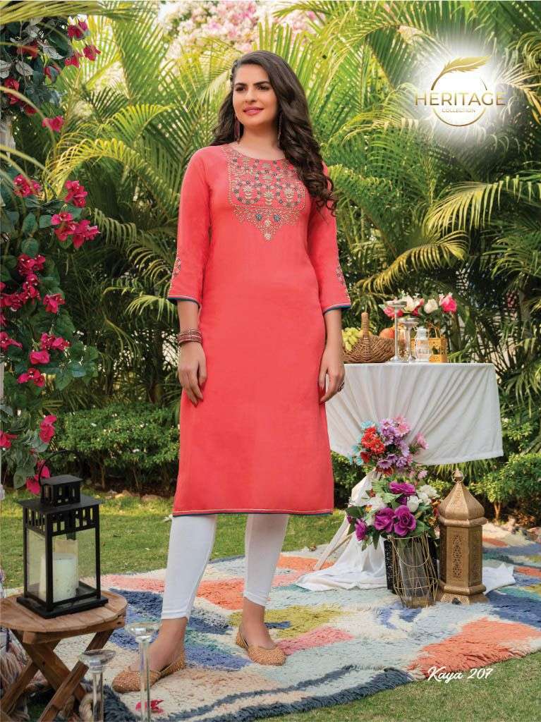 KAYA VOL-2 BY HERITAGE 201 TO 207 SERIES DESIGNER STYLISH FANCY COLORFUL BEAUTIFUL PARTY WEAR & ETHNIC WEAR COLLECTION RAYON EMBROIDERY KURTIS AT WHOLESALE PRICE