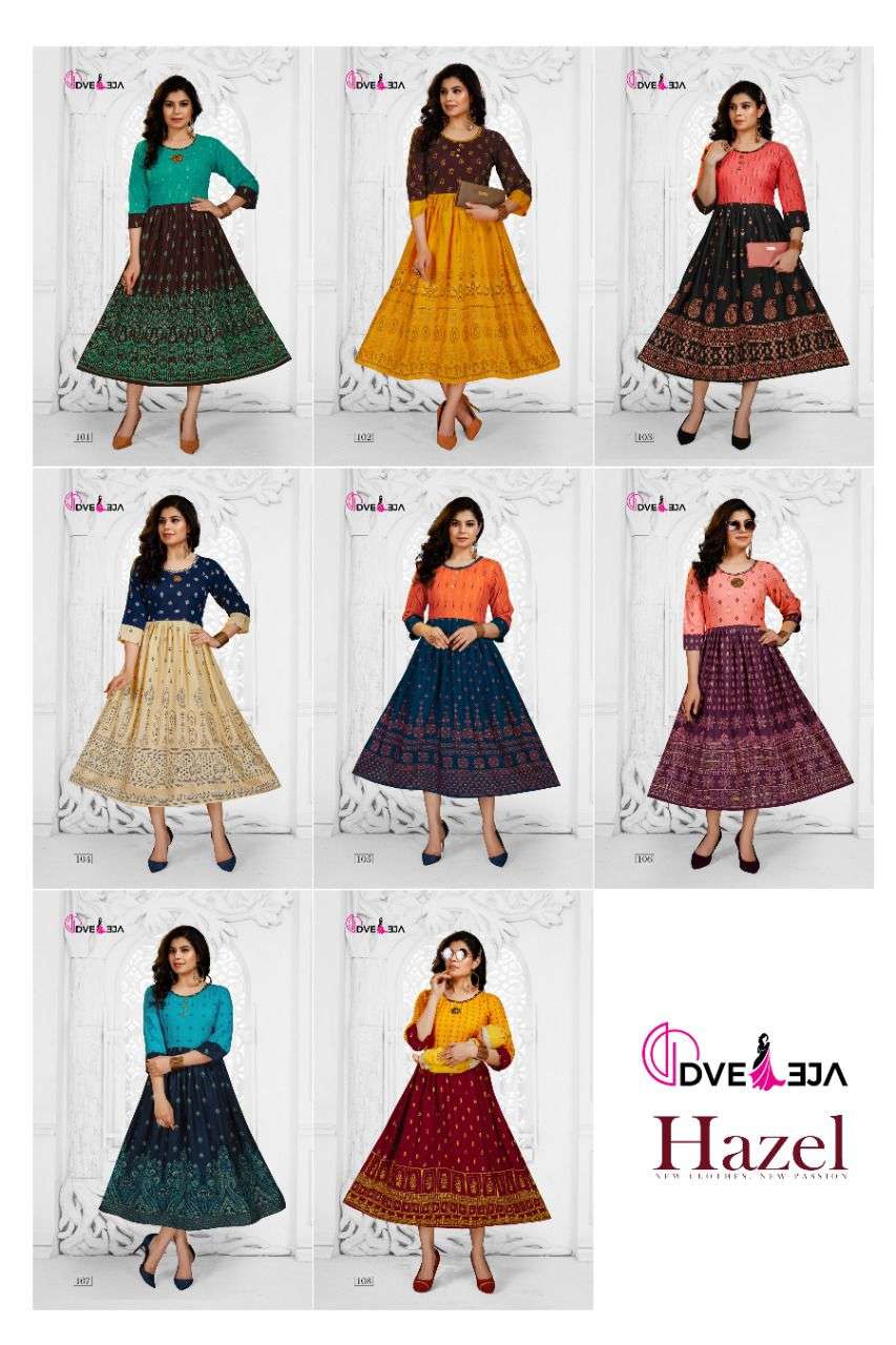 HAZEL BY DVEEJA 101 TO 108 SERIES DESIGNER STYLISH FANCY COLORFUL BEAUTIFUL PARTY WEAR & ETHNIC WEAR COLLECTION HEAVY RAYON KURTIS AT WHOLESALE PRICE