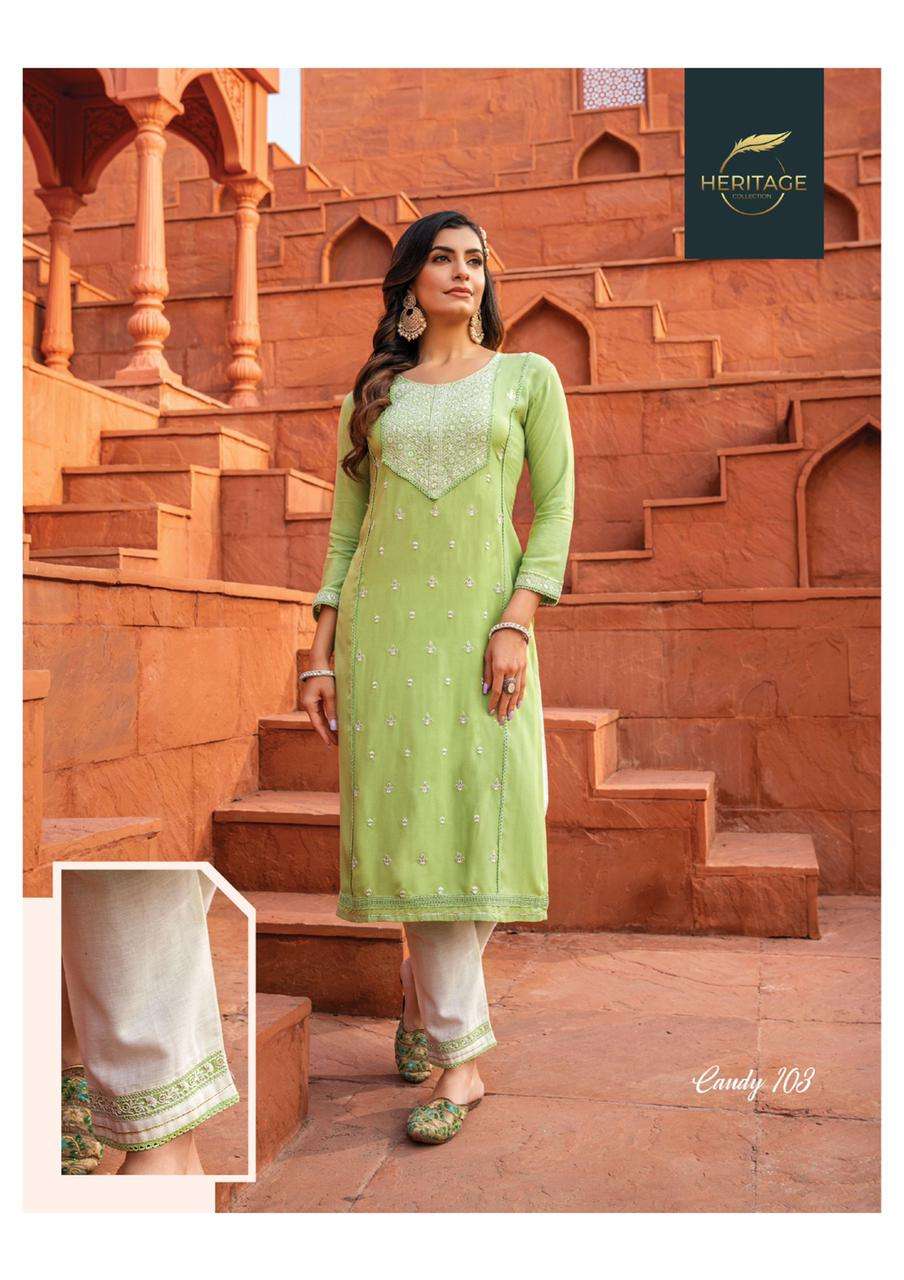 CANDY BY HERITAGE 101 TO 106 SERIES DESIGNER STYLISH FANCY COLORFUL BEAUTIFUL PARTY WEAR & ETHNIC WEAR COLLECTION RAYON EMBROIDERED KURTIS WITH BOTTOM AT WHOLESALE PRICE