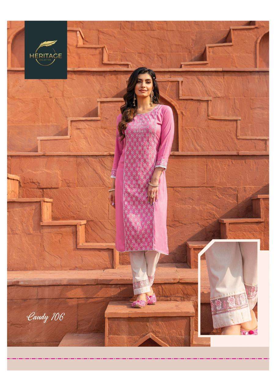 CANDY BY HERITAGE 101 TO 106 SERIES DESIGNER STYLISH FANCY COLORFUL BEAUTIFUL PARTY WEAR & ETHNIC WEAR COLLECTION RAYON EMBROIDERED KURTIS WITH BOTTOM AT WHOLESALE PRICE