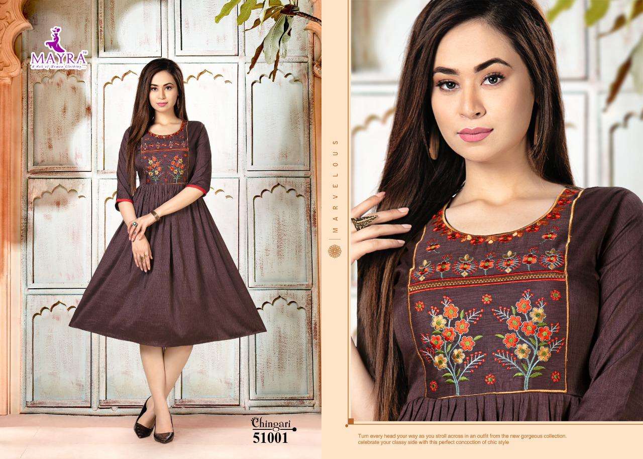 CHINGARI BY MAYRA 51001 TO 51008 SERIES DESIGNER STYLISH FANCY COLORFUL BEAUTIFUL PARTY WEAR & ETHNIC WEAR COLLECTION RAYON EMBROIDERY KURTIS AT WHOLESALE PRICE