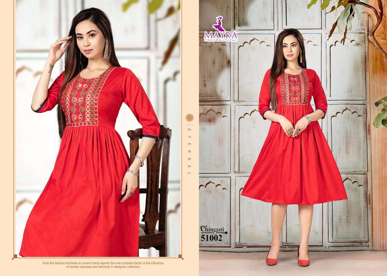 CHINGARI BY MAYRA 51001 TO 51008 SERIES DESIGNER STYLISH FANCY COLORFUL BEAUTIFUL PARTY WEAR & ETHNIC WEAR COLLECTION RAYON EMBROIDERY KURTIS AT WHOLESALE PRICE