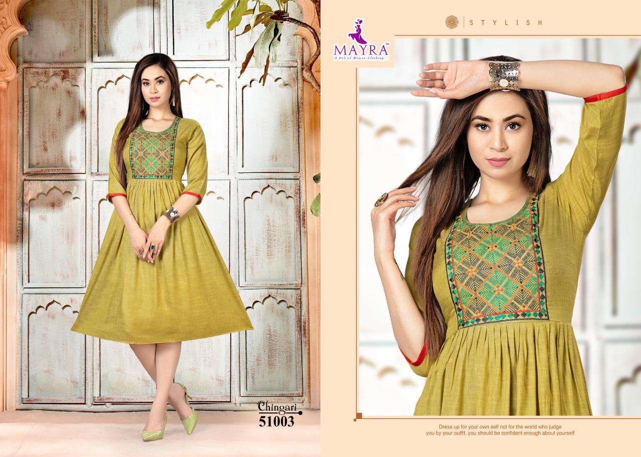 CHINGARI BY MAYRA 51001 TO 51008 SERIES DESIGNER STYLISH FANCY COLORFUL BEAUTIFUL PARTY WEAR & ETHNIC WEAR COLLECTION RAYON EMBROIDERY KURTIS AT WHOLESALE PRICE