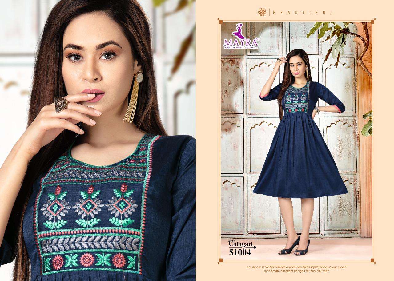 CHINGARI BY MAYRA 51001 TO 51008 SERIES DESIGNER STYLISH FANCY COLORFUL BEAUTIFUL PARTY WEAR & ETHNIC WEAR COLLECTION RAYON EMBROIDERY KURTIS AT WHOLESALE PRICE